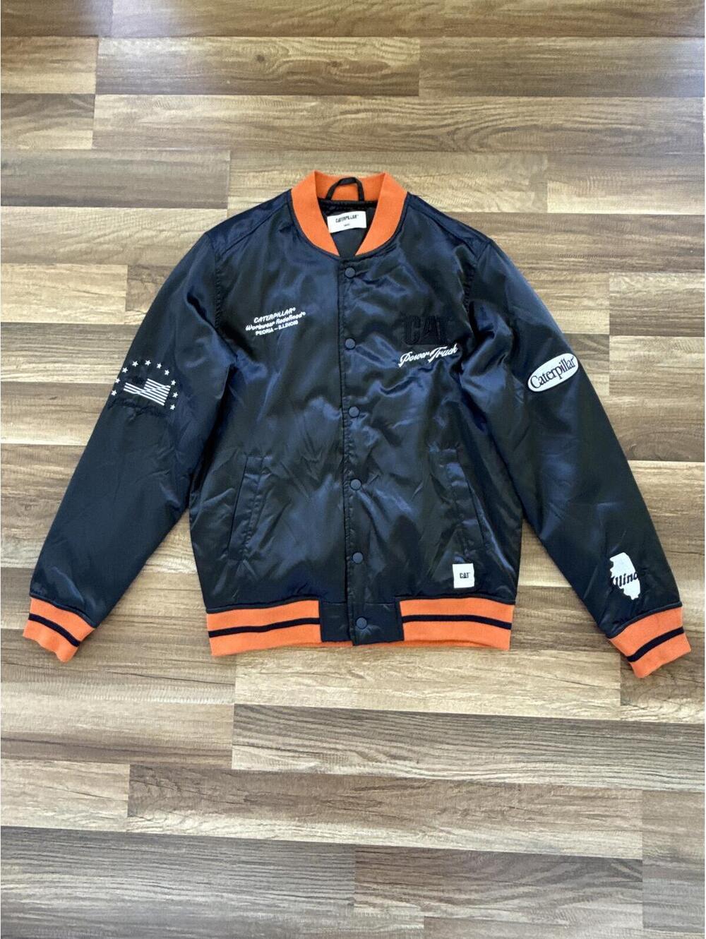 Caterpillar CAT black bomber jacket orange trim size S varsity streetwear